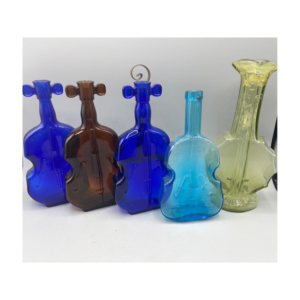 Vintage Violin Cello Glass Bottle Collection Cobalt Blue Amber Aqua Green Set 5